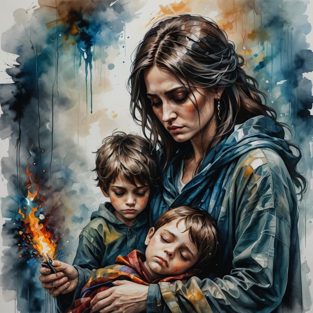 Melancholic Ink Drawing of Boy and Sick Mother