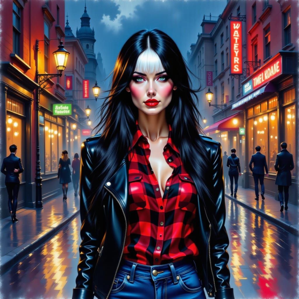 Elegant Gothic Woman with White Streaks in Expressive Waterc...