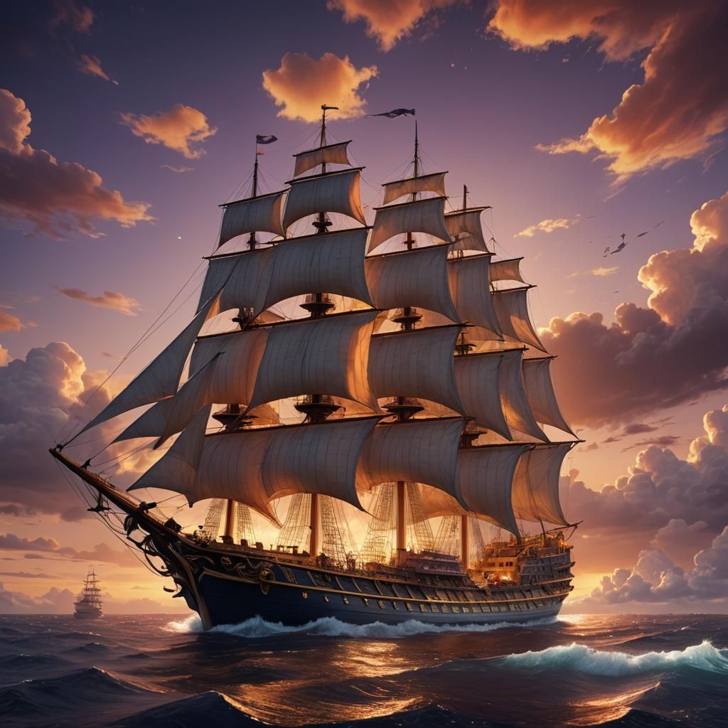 Majestic Ship Sails into Ombre Sunset: Fantasy Art