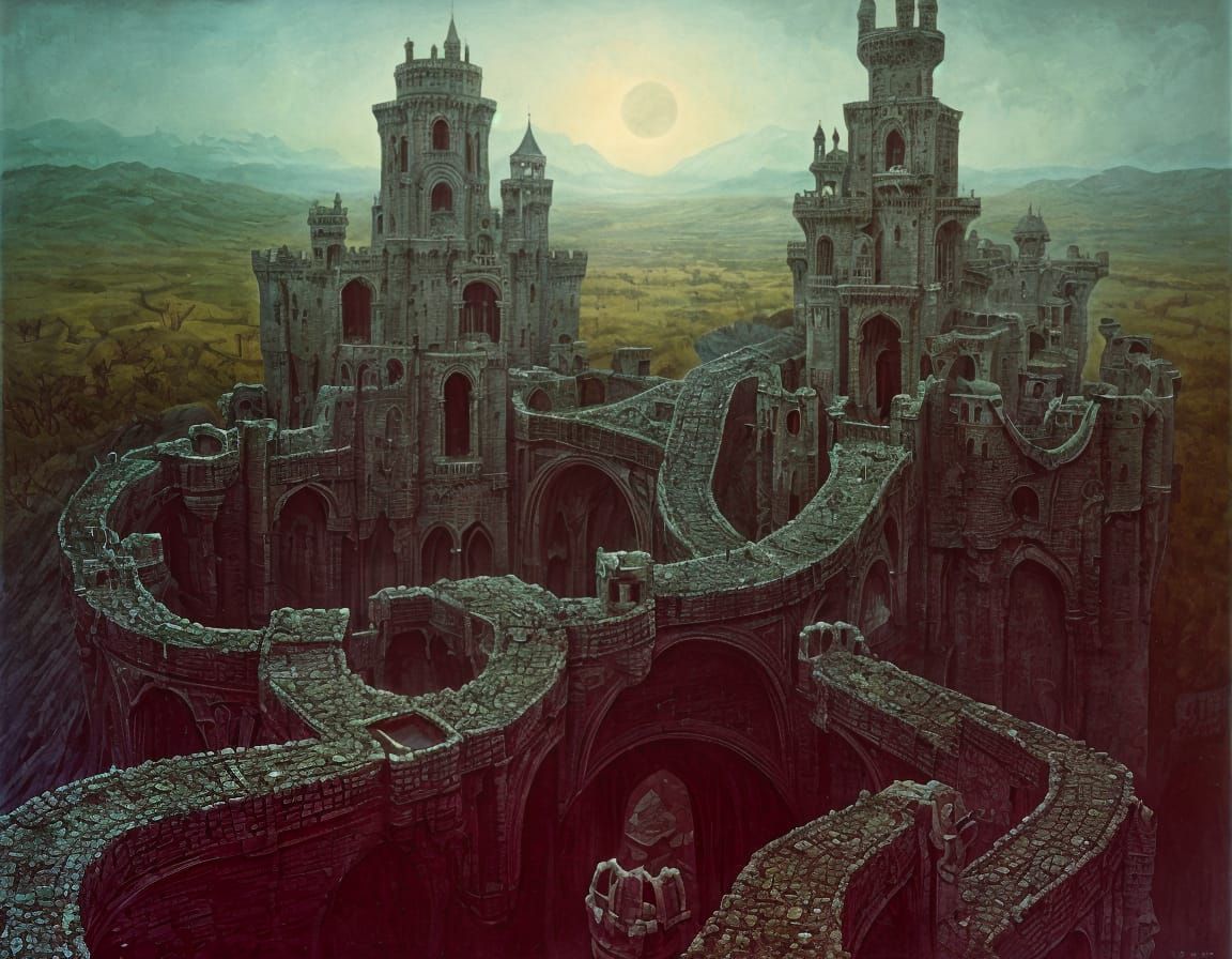 Surreal Castle with Drawbridges in Dreamlike Landscape