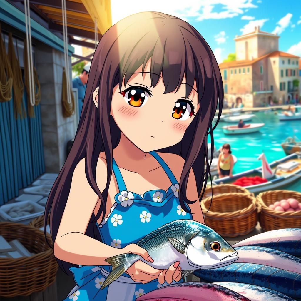 Anime Girl at Italian Fish Market, Ghibli Style