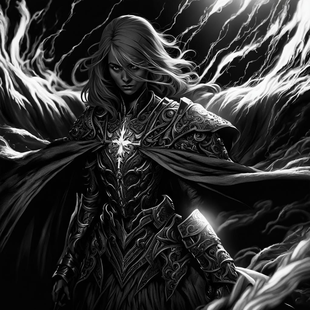 Ethereal Woman Warrior in Film Noir Style