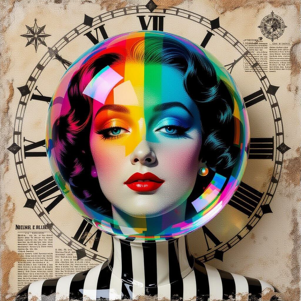 Rainbow Bubble Portrait in Surrealist Collage Style