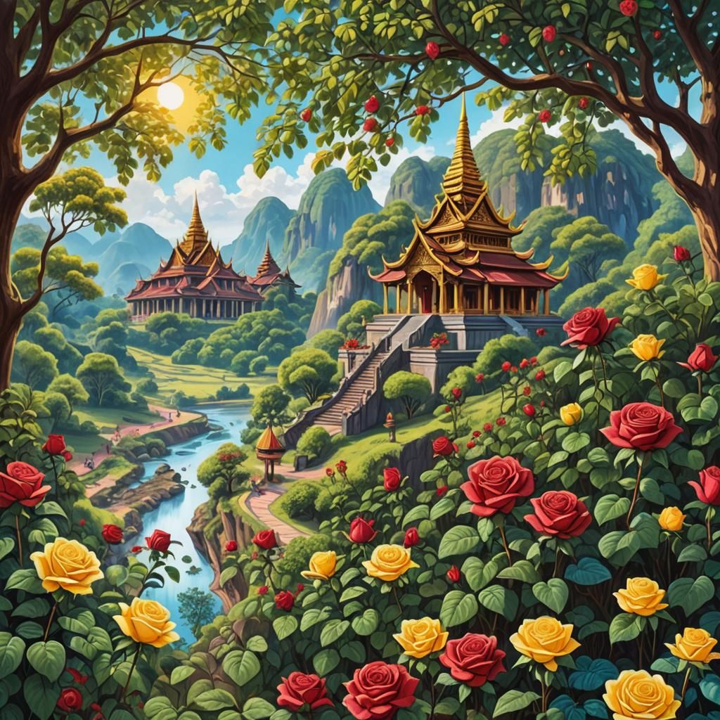 Laos Summer Landscape with Wat Phu Temple