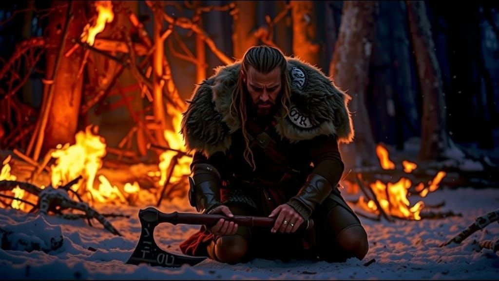 Viking Warrior in Burning Forest: Cinematic Realism