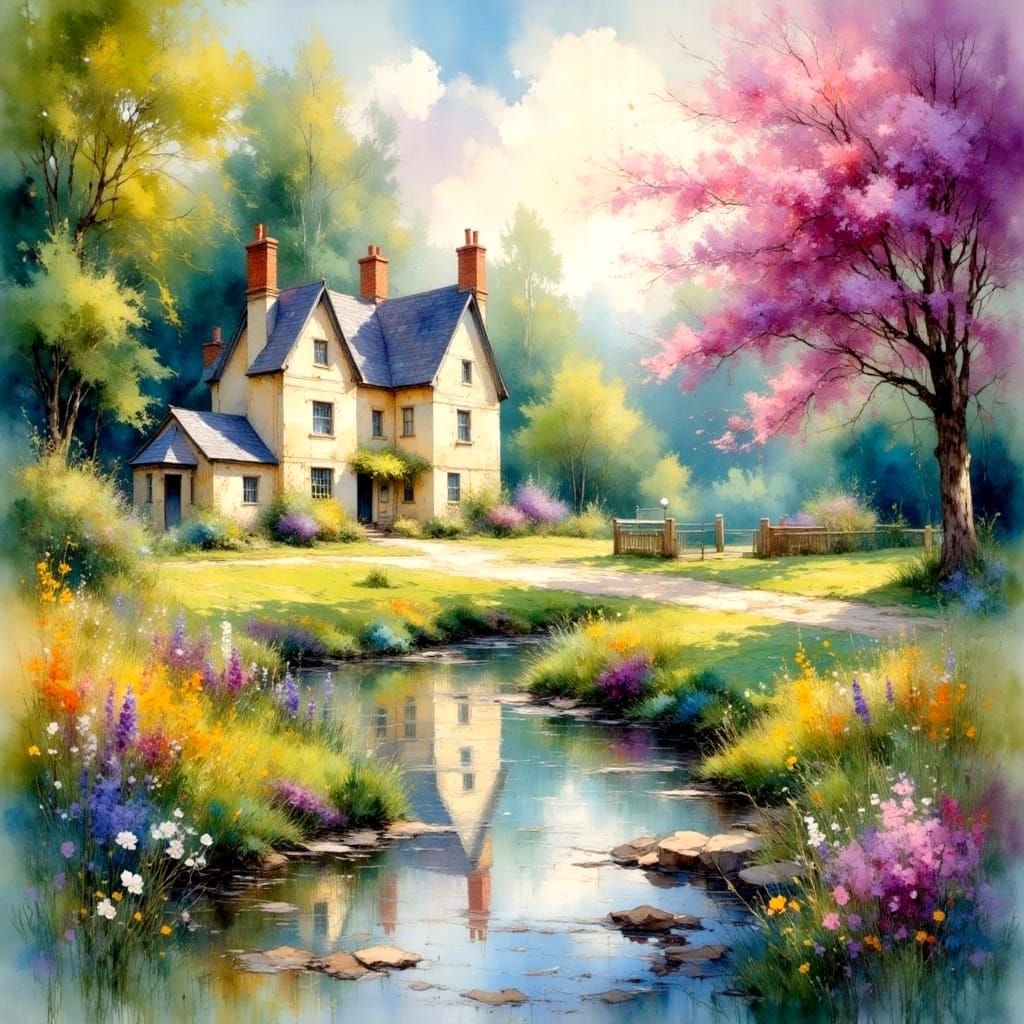 Georgian Manor House by Stream in Dreamy Gouache Style