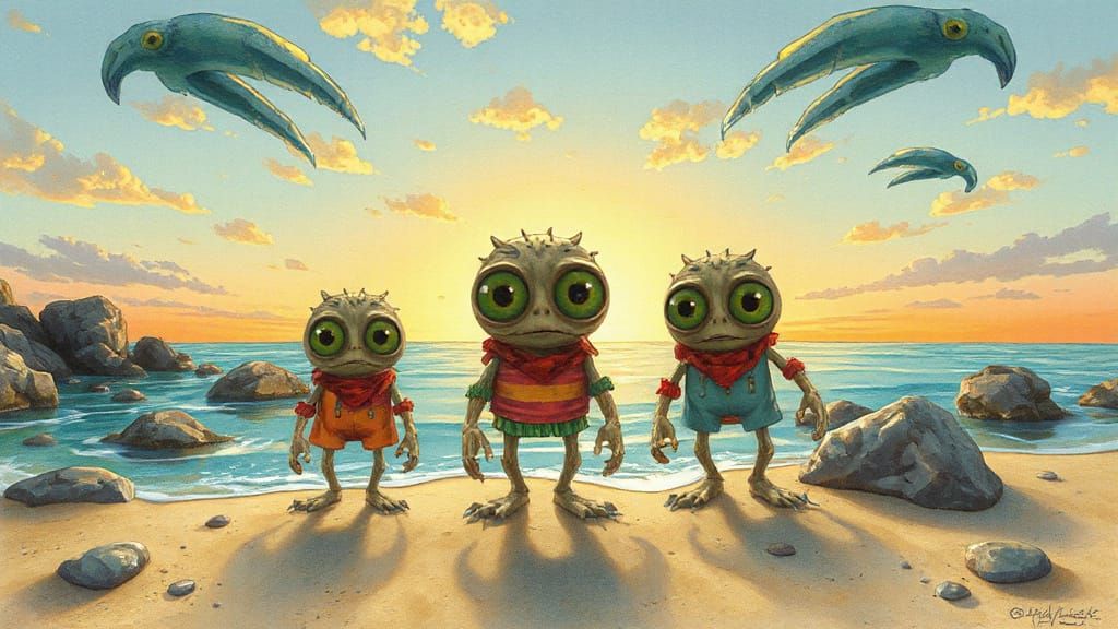 Sad Beach Monsters with Green Eyes, Watercolor Art