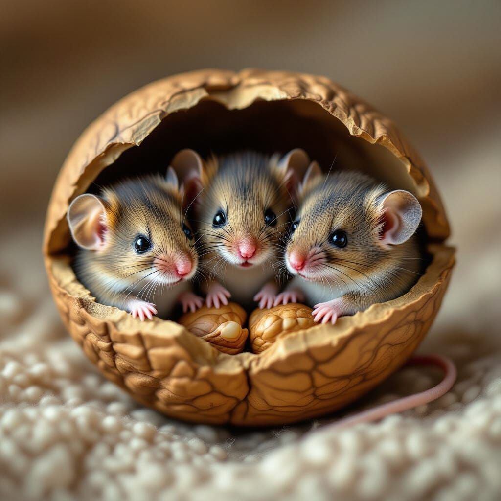 Adorable Baby Mice in Walnut Shell, Photorealistic Style
