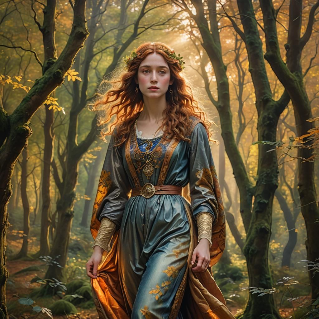 Pre-Raphaelite Maiden in Golden Autumn Woods