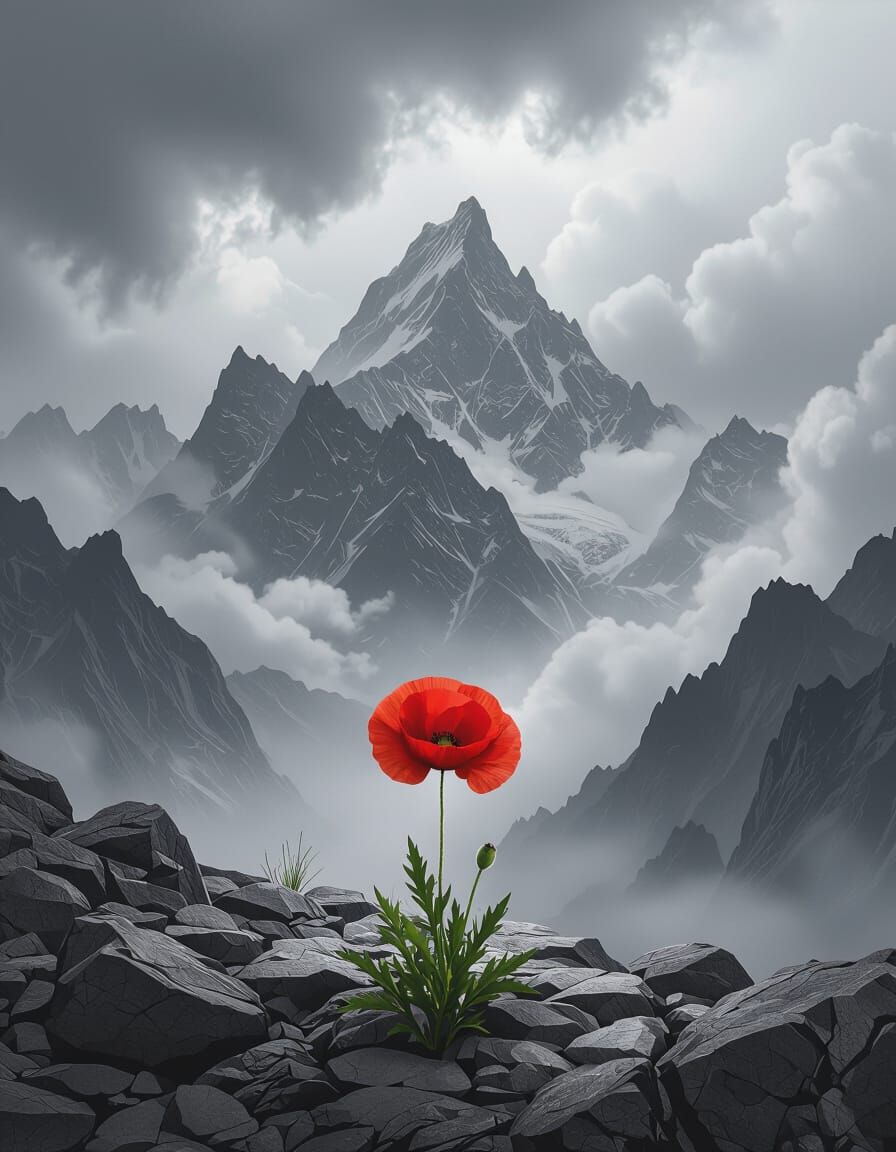 Dramatic Monochrome Mountain Landscape with Red Poppy