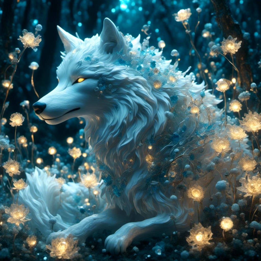 Anime Girl on Wolf in Forest, 3D Render