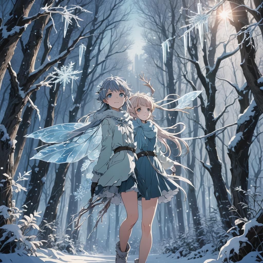 Winter Fae in Snowy Forest: Anime Key Visual