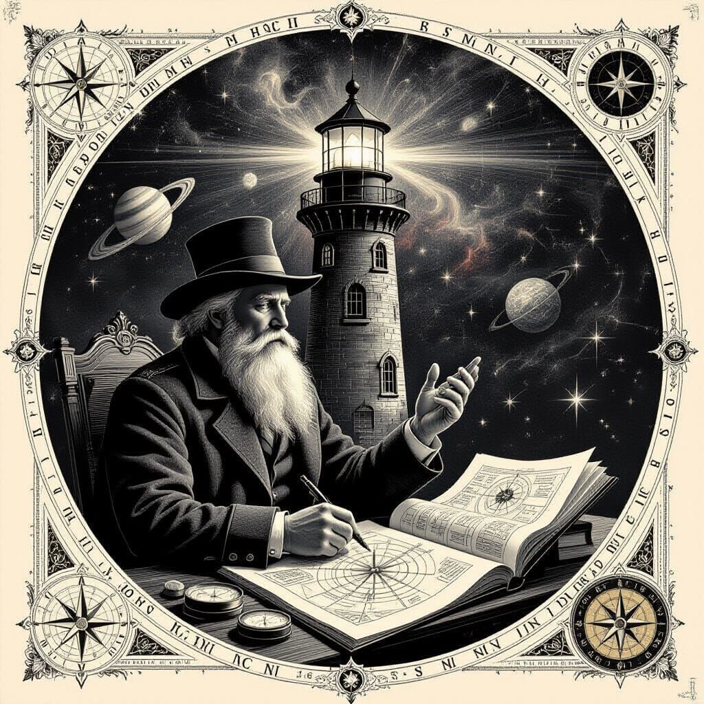 Celestial Lighthouse Keeper: Hyperdetailed Charcoal Drawing