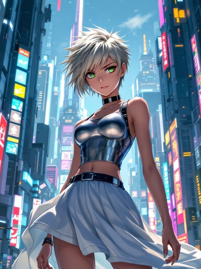 Anime Heroine in Sci-Fi Cityscape, Sorayama Style