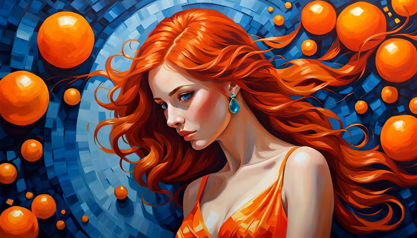 Redhead Lady in Blue and Orange: Expressionist Oil Painting