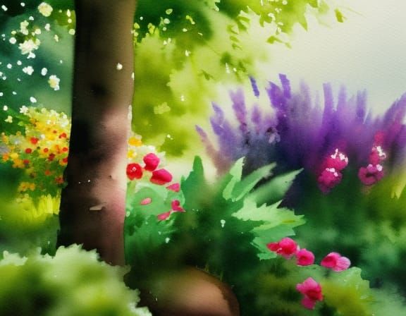 Watercolor Mother Cat and Kitten in Garden