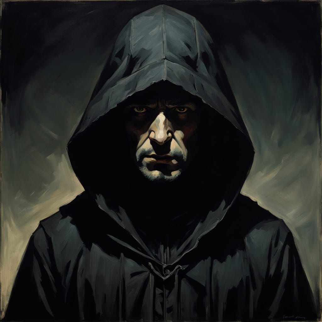 Mysterious Hooded Figure in a Dark, Gothic Landscape