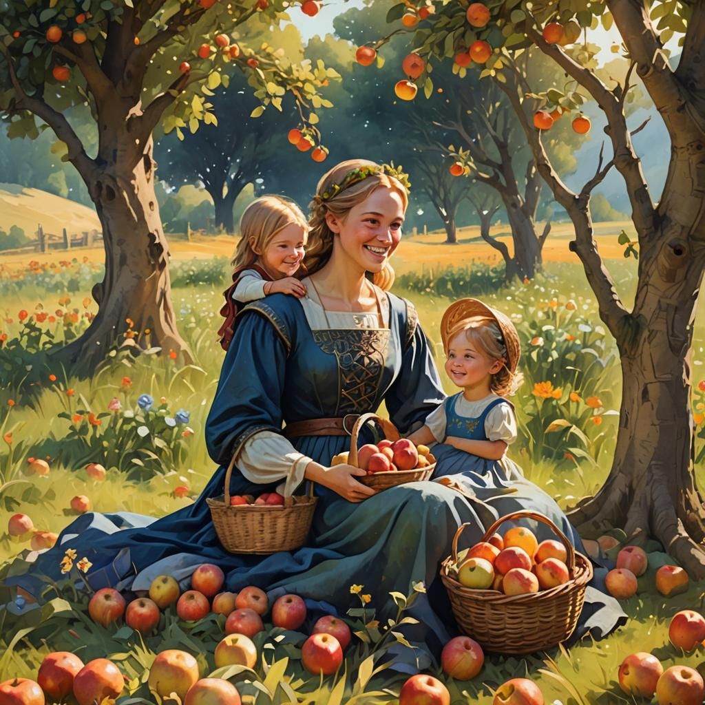 Medieval Mother and Daughter in Summer Field