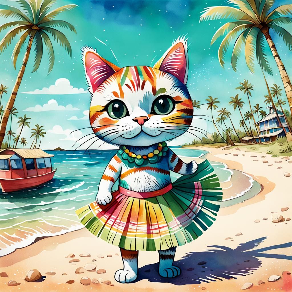 Whimsical Hula Cat on a Beach in Watercolor