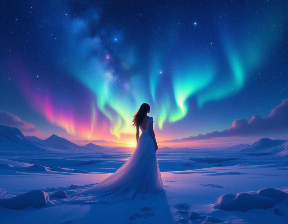 Cosmic Woman Amidst Aurora Borealis