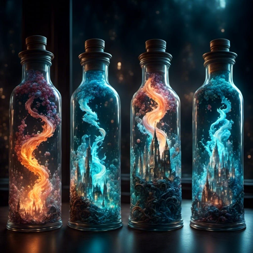 Elemental Ghosts of Fire, Water, Wind, Earth in Bottles