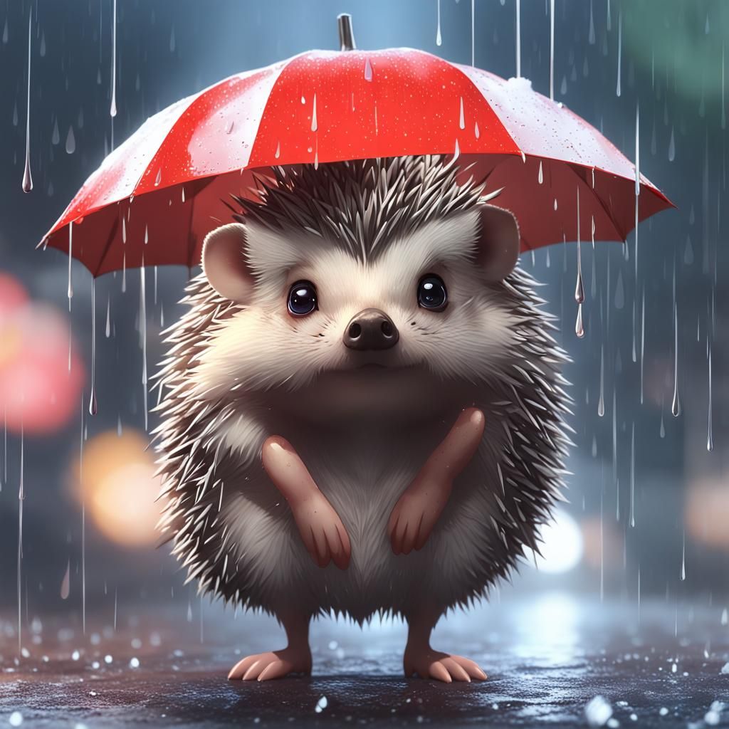 Sad Hedgehog in Rain: Detailed 3D Anime Art