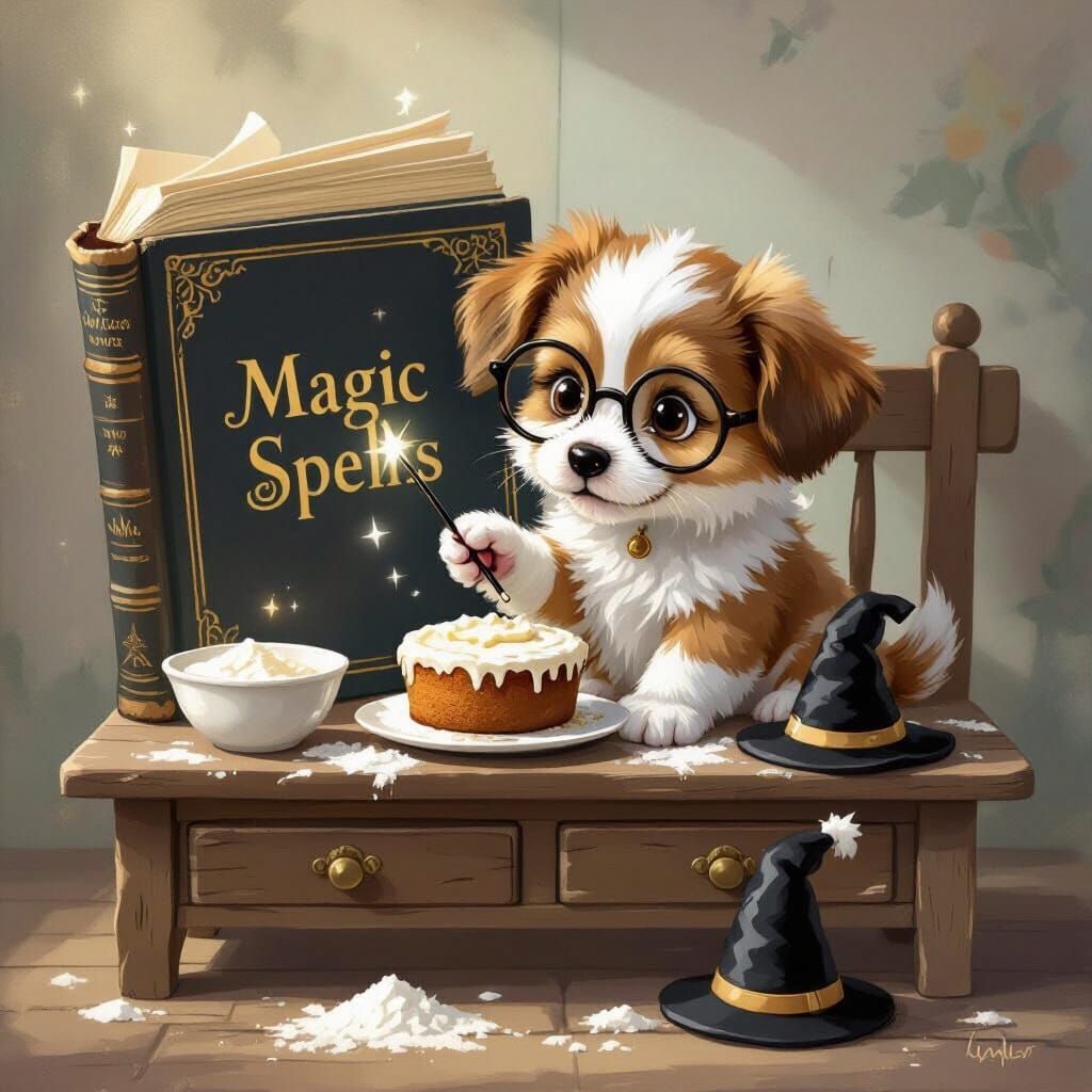 Puppy Wizard Bakes Cake With Magic Spell in Storybook Style