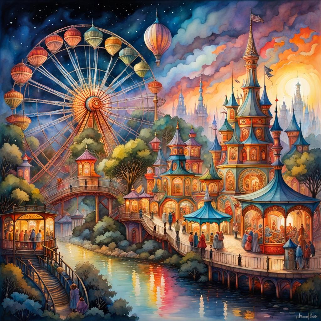 Colorful Theme Park with Ferris Wheel at Sunset