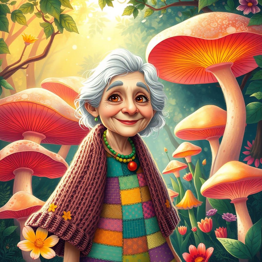 Whimsical Elderly Woman in Enchanted Garden Storybook Illust...