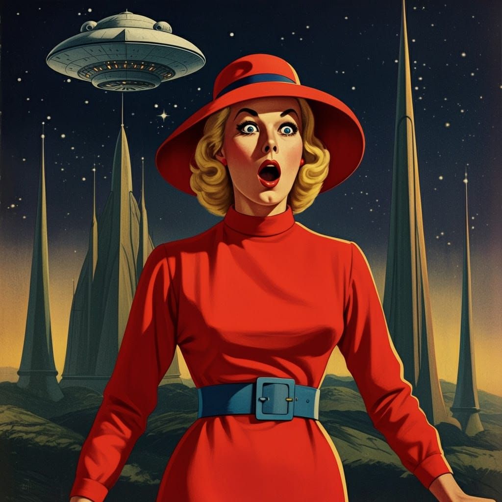 Woman in Red Embarks on Cosmic Adventure in Futuristic City