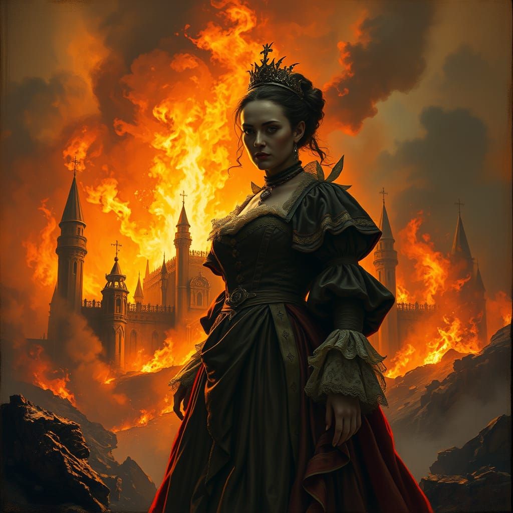 Renaissance Duchess Amidst Burning Castle Inferno