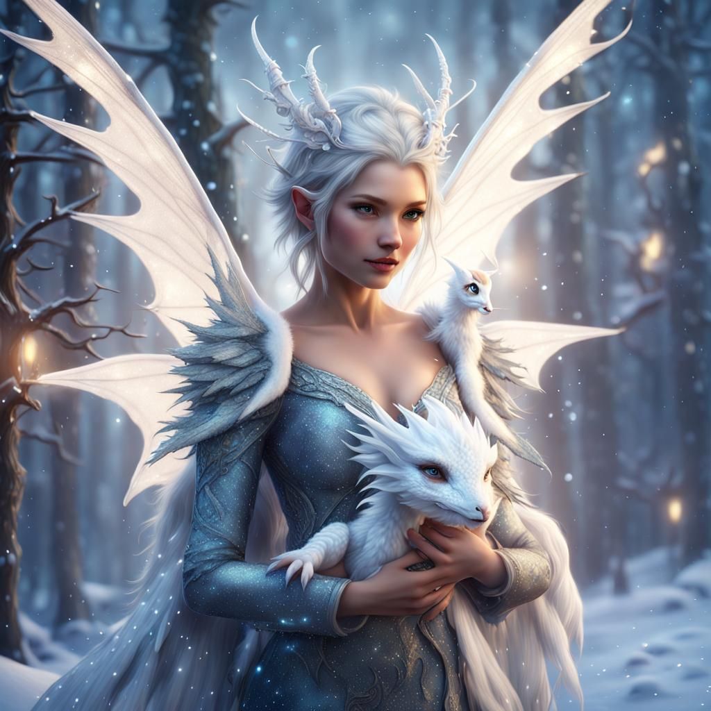 Winter Fairy and Sparkling Dragon Fantasy Art