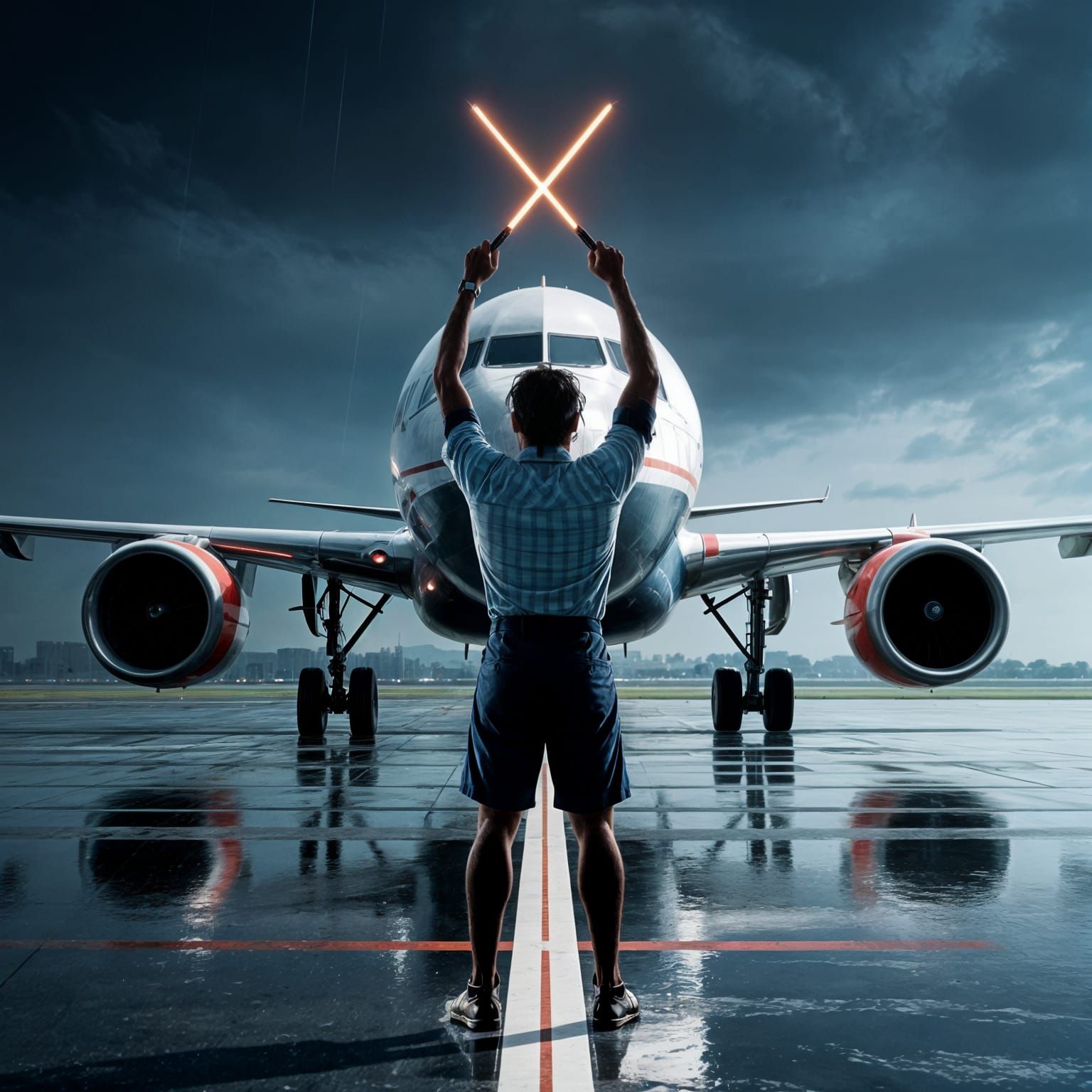 Dark Airport Arrival: Ground Crew Directs Plane