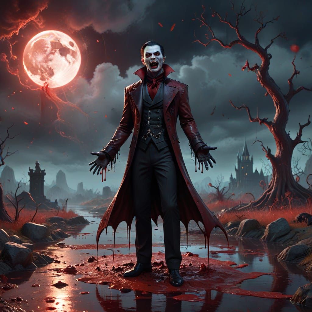 Whimsical Vampire in Surreal Blood-Soaked Landscape
