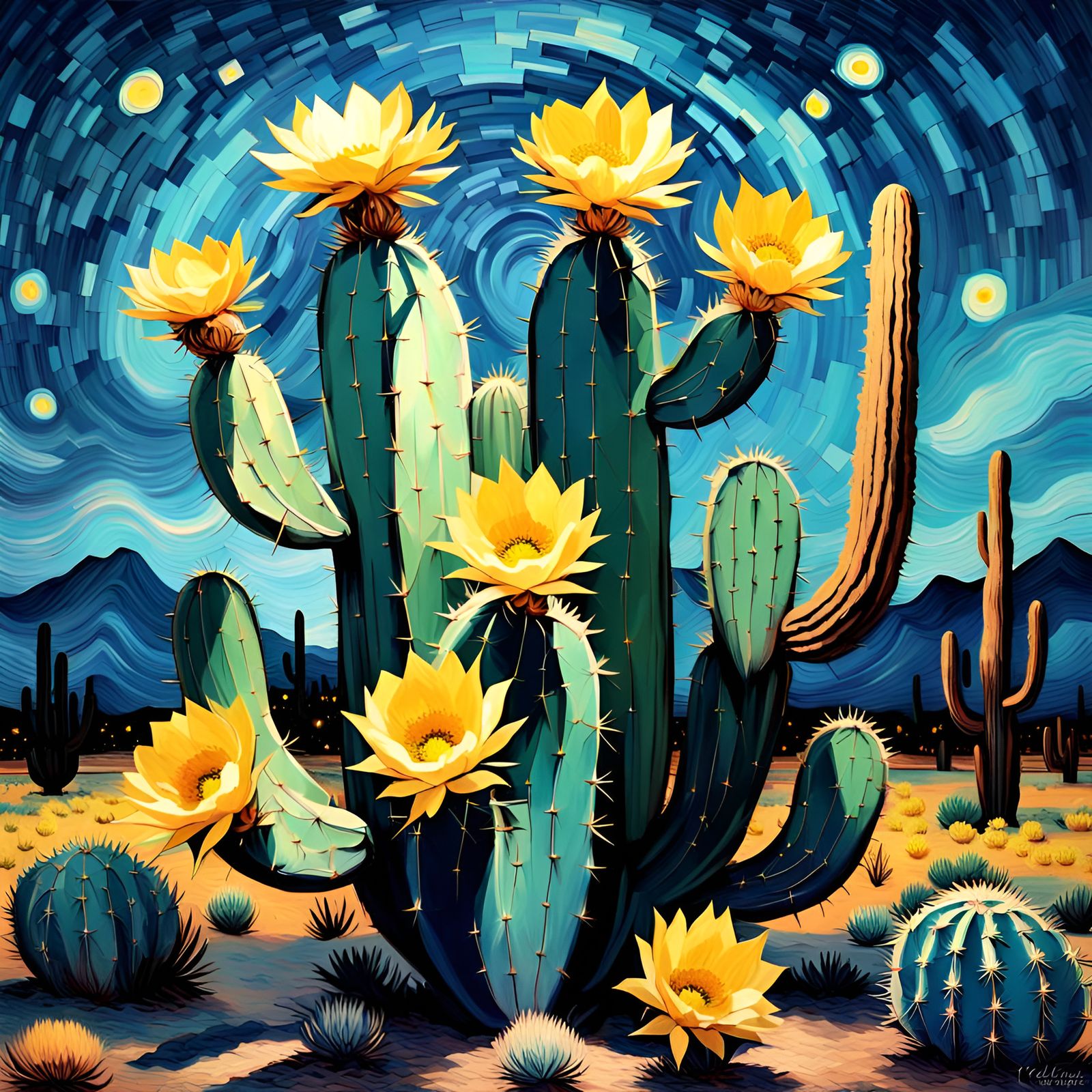 Holographic Cactus in Van Gogh Night Sky Style