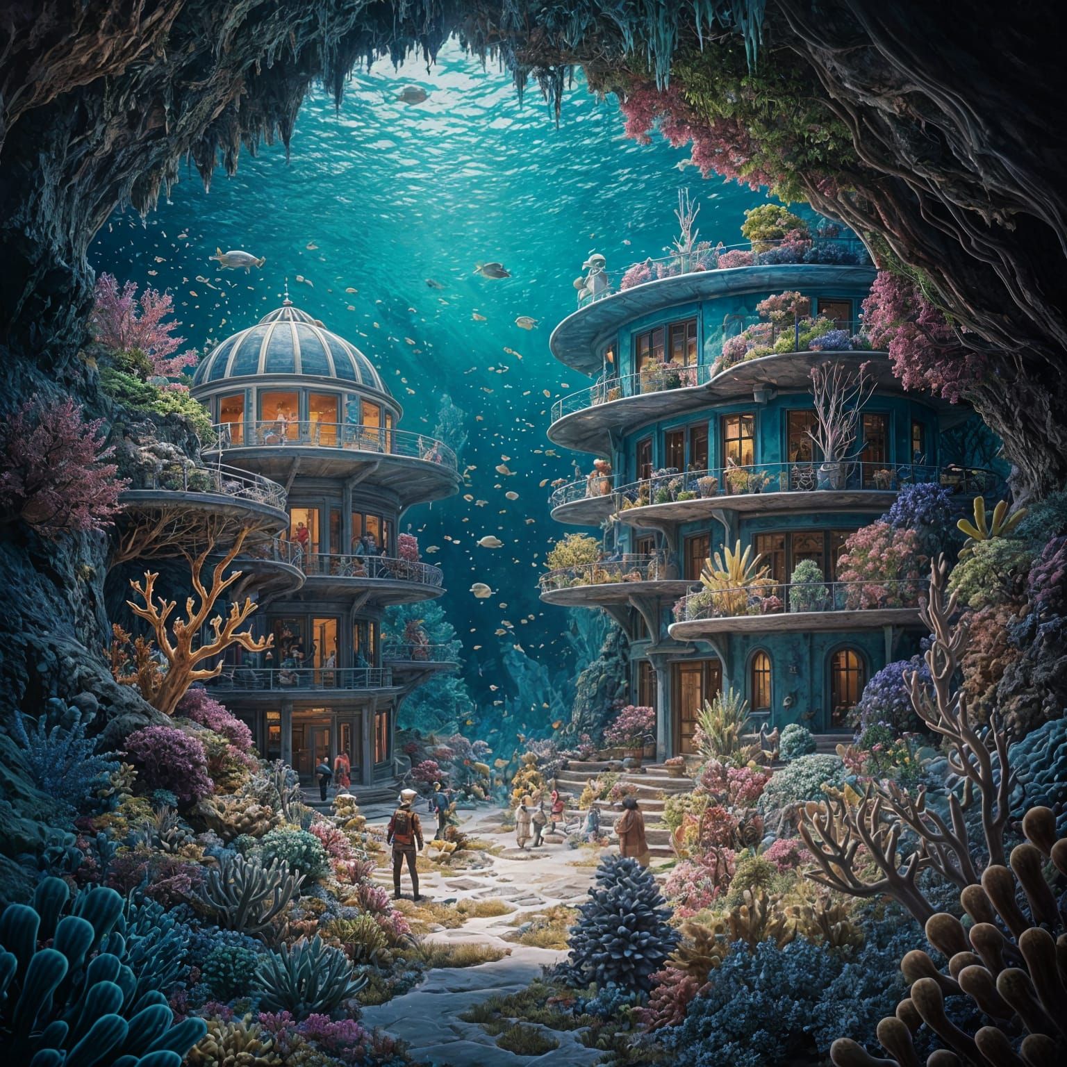 Underwater City in Impressionist Gouache Style