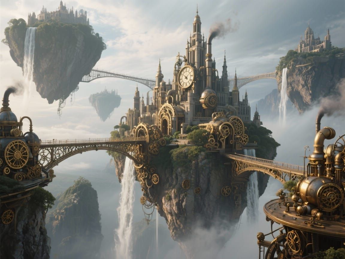 Steampunk City on Floating Islands with Sky-Bridges