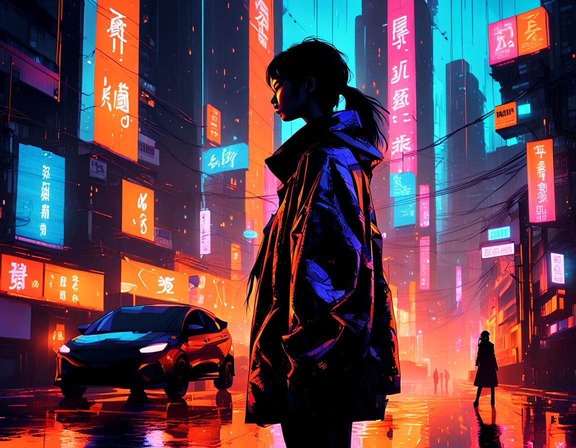Japanized Street Scene with Stylish Silhouette, Digital Art