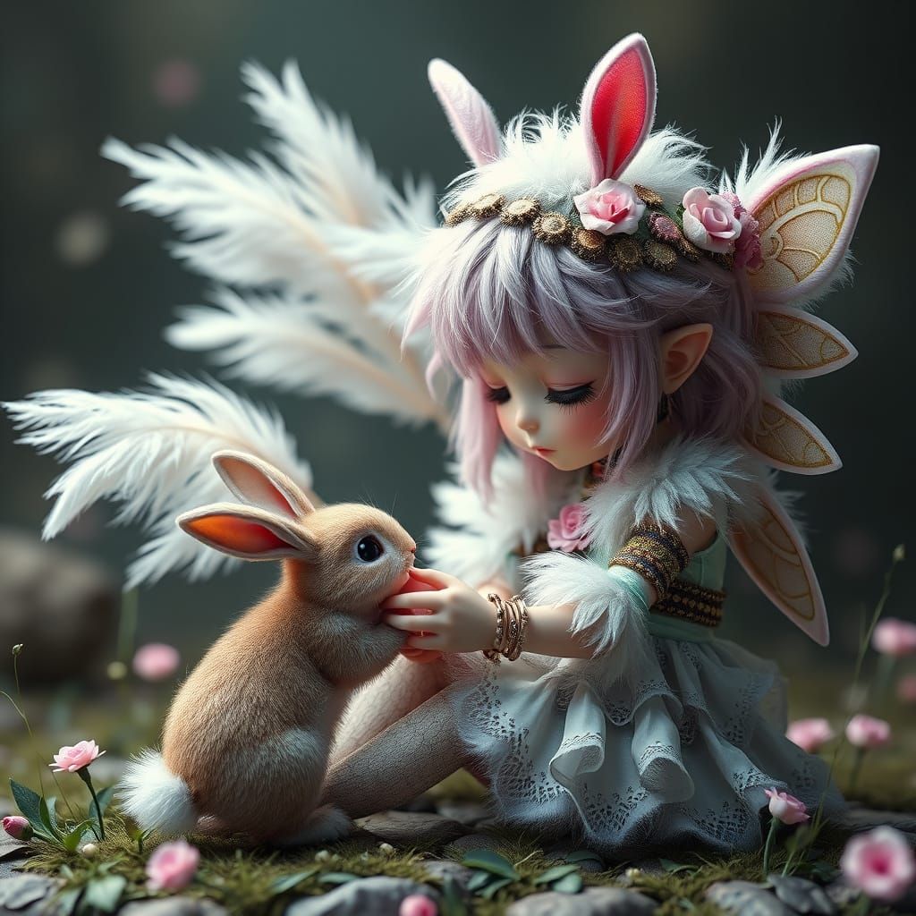 Whimsical Bohemian Punk Fairy Girl Surrounded by Ethereal Fl...