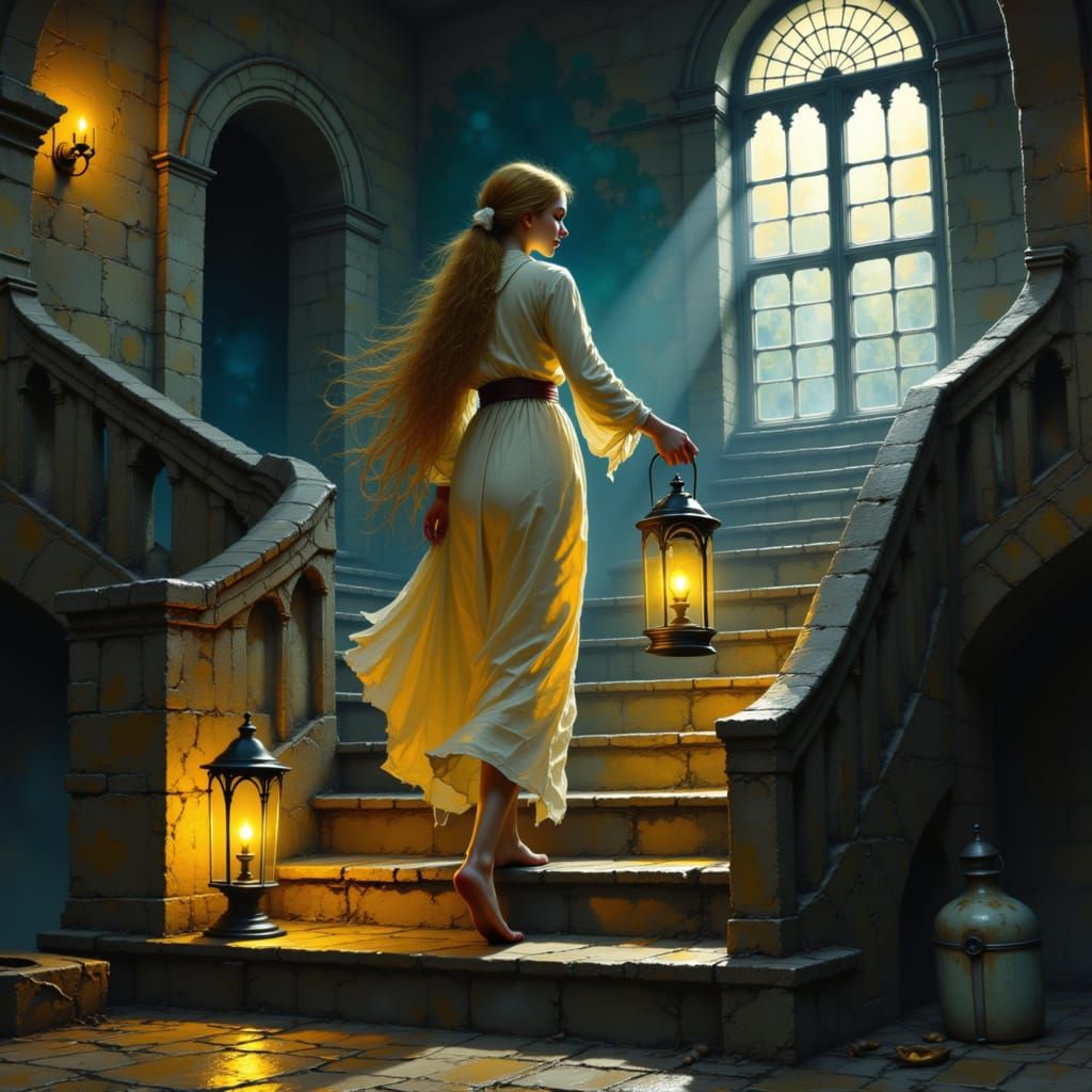 Renaissance Woman Descends Staircase With Lantern
