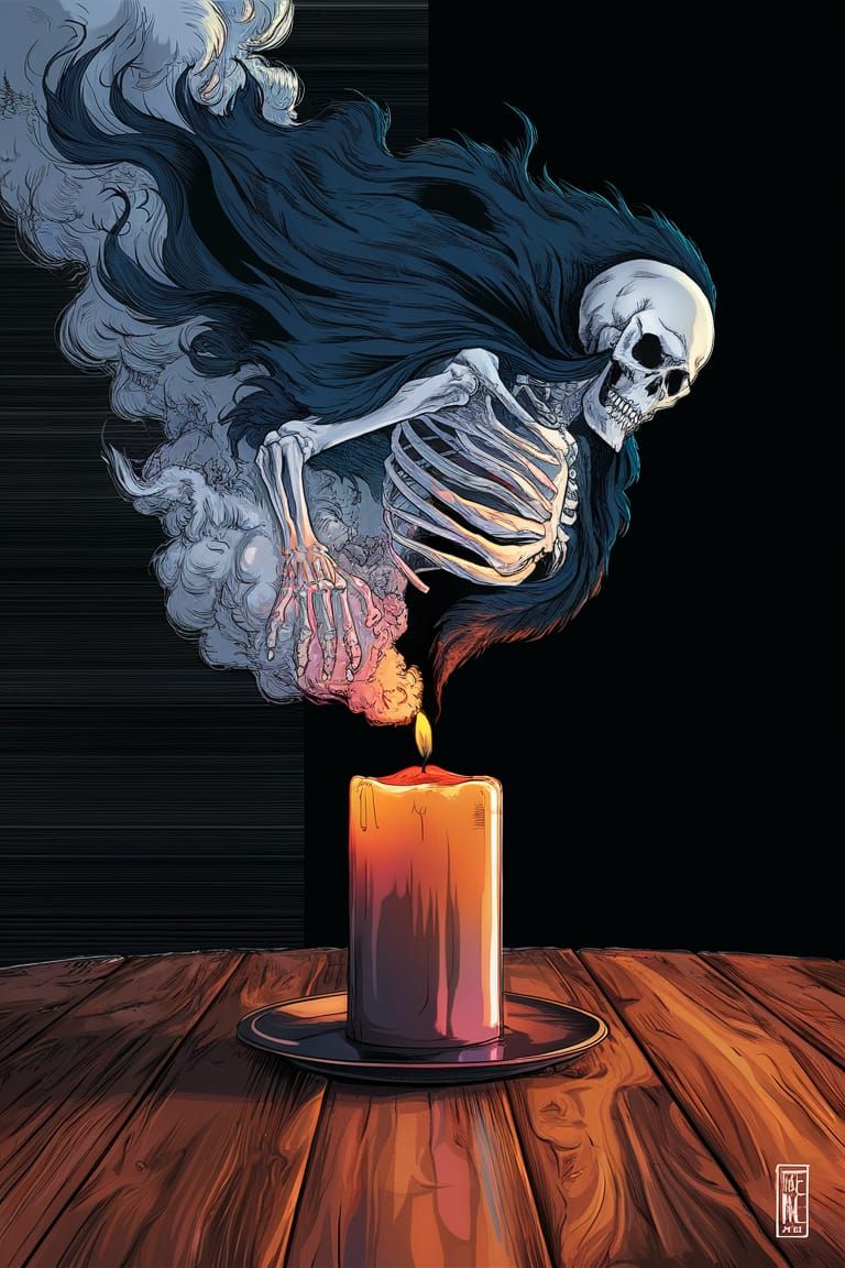 Ethereal Death Figure Emerging from Candle Smoke in Anime St...