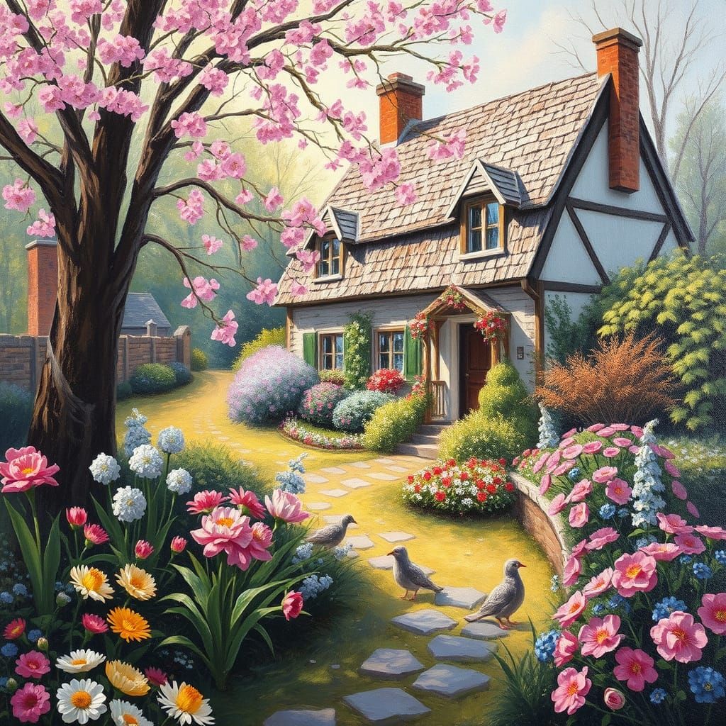 Idyllic Country Cottage in Vibrant Spring Bloom