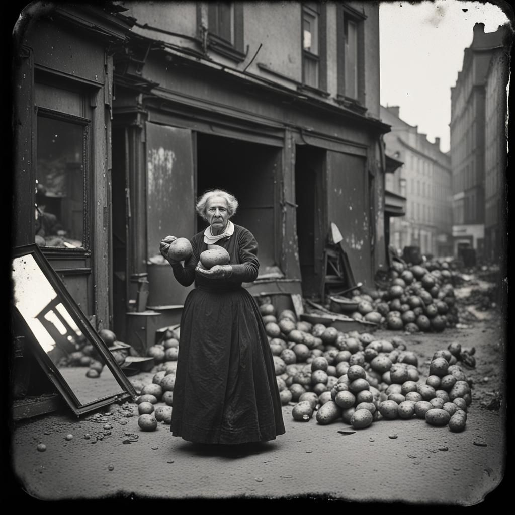 Berlin Woman's Potato Triumph: Daguerreotype-Style Image
