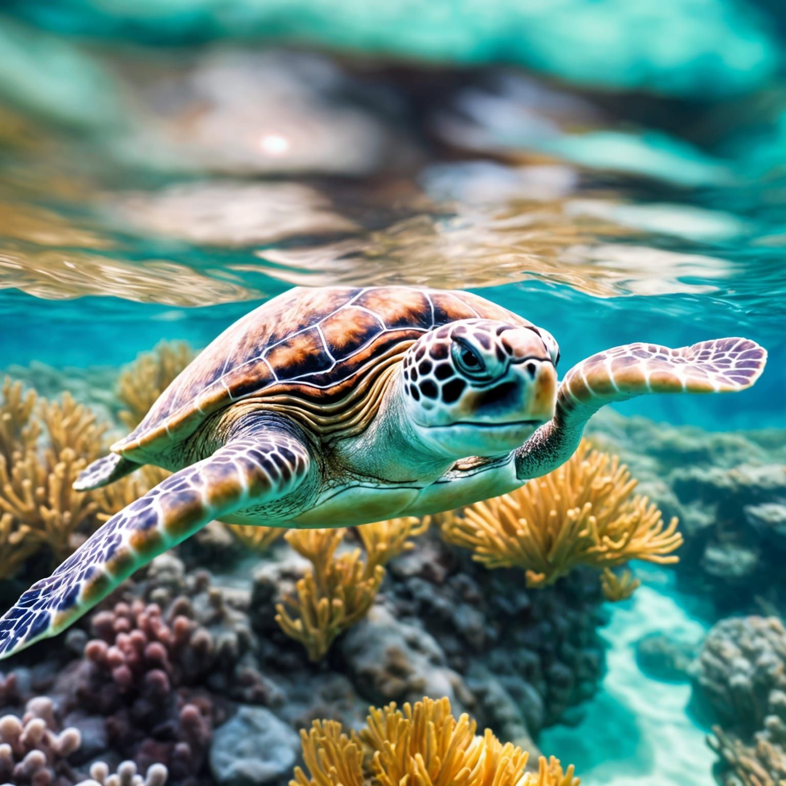 Sea Turtle Swimming in Impressionistic Coral Reef