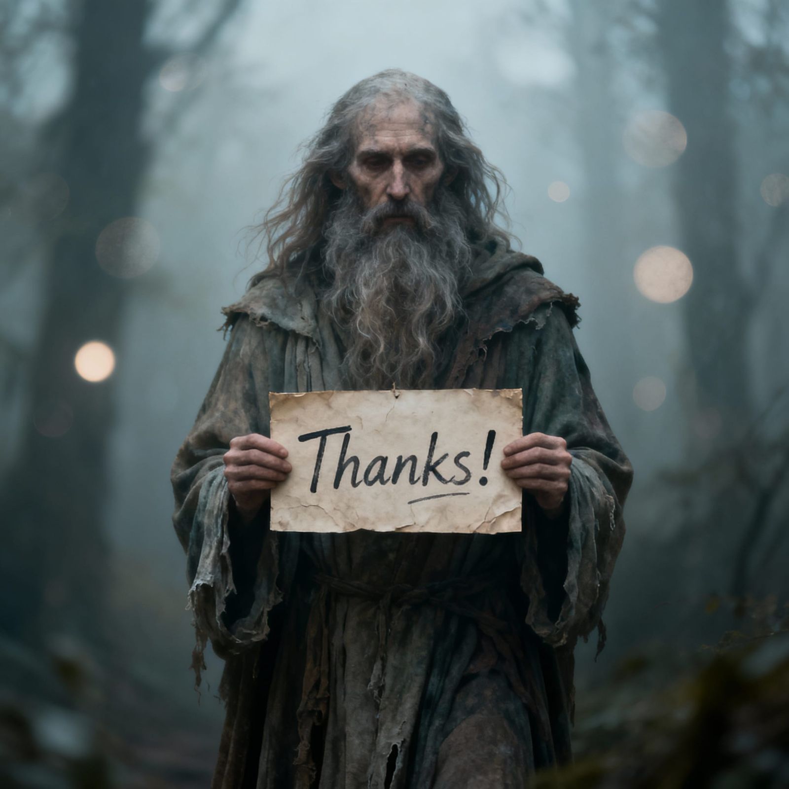 Surreal Bearded Man Holding a "Thanks!" Sign