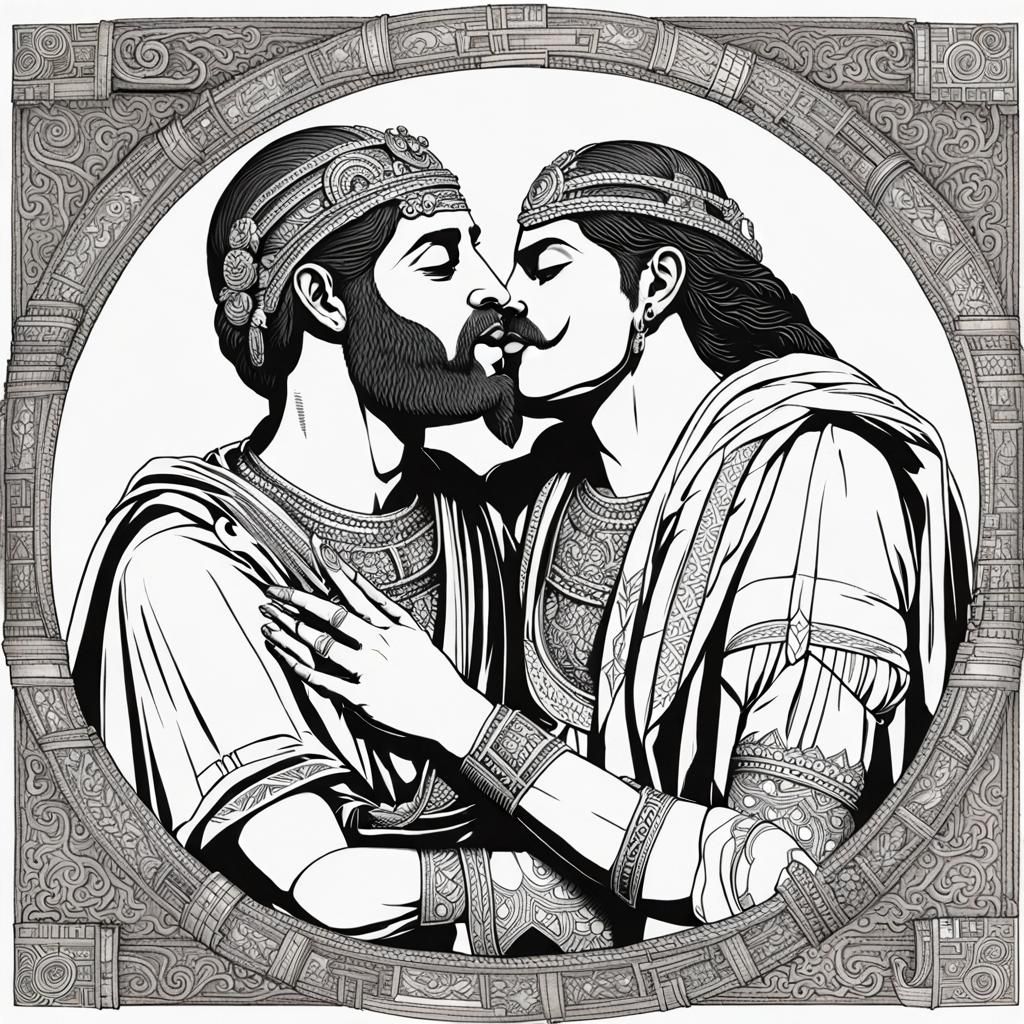 Passionate Kiss Between Ancient Feminine Figures