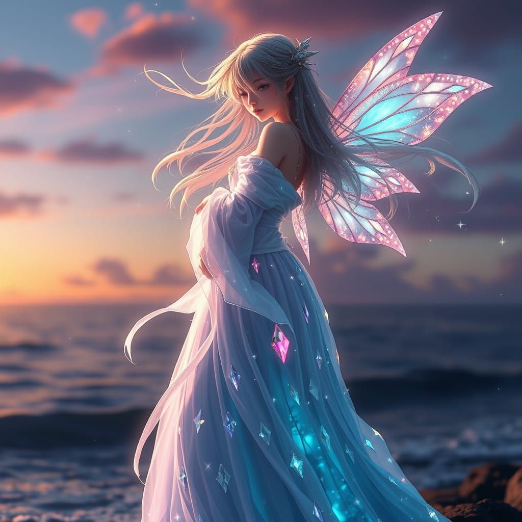 Fairy at Ocean's Edge in Vibrant Gemstone Gown