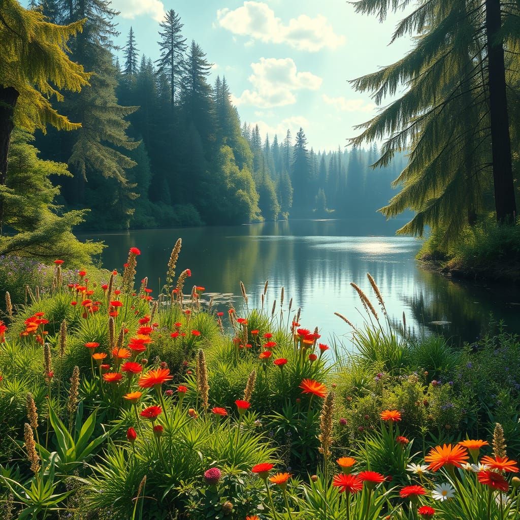 Idyllic Lake Landscape in Whimsical Artistic Style