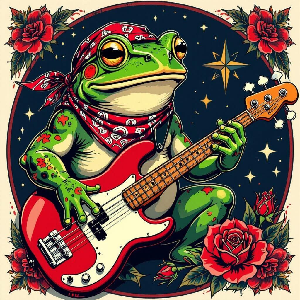 Frog Musician in Traditional Tattoo Style