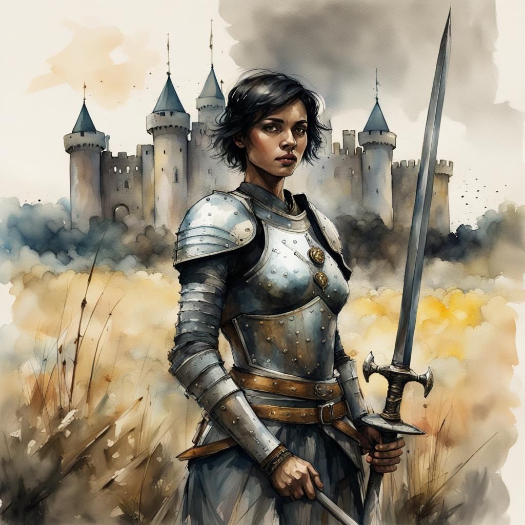 Goddess-Like Knight in Watercolor and Ink Style